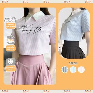 Áo Croptop cổ đức, 2 LỚP , có ĐỆM VAI , Khoá kéo sau, Thêu chữ cách điệu