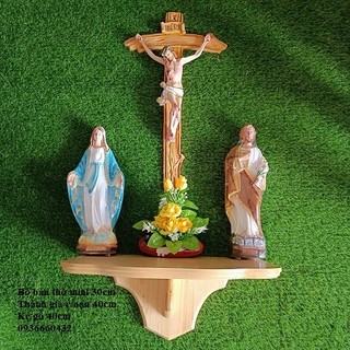 Bộ bàn thờ tượng Mẹ Thánh 30cm màu xanh Thánh giá Chúa 40cm composite, kệ gỗ 40cm cho trần thấp