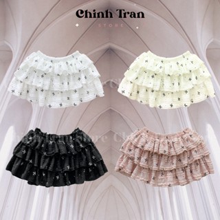 Chân Váy Nữ Nhún Bèo In Họa Tiết   NƠ 3 TẦNG   Coquette Dáng Ngắn Dễ Thương - Chinh Trần Store