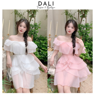 Đầm Tiểu Thư Trễ Vai Chất Liệu Tơ Xốp Nhiều Tầng Dáng Xoè Bồng Bềnh, Váy Dự Tiệc Chụp Ảnh Sinh Nhật Sang Chảnh