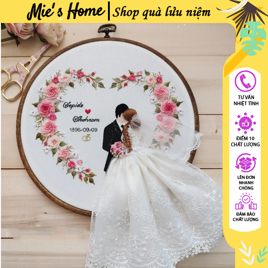 KIT DIY nguyên liệu thêu tay đám Cưới bạn thêu May thủ công kỷ niệm Wedding CÓ KHUNG - người mới tập