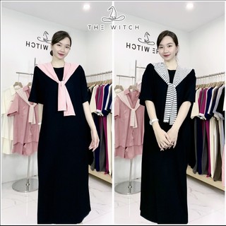 Váy suông dài, đầm suông bầu chất cotton cao cấp ĐEN KÈM KHĂN
