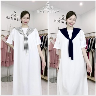 Váy suông dài, đầm suông bầu chất cotton cao cấp trắng kèm khăn