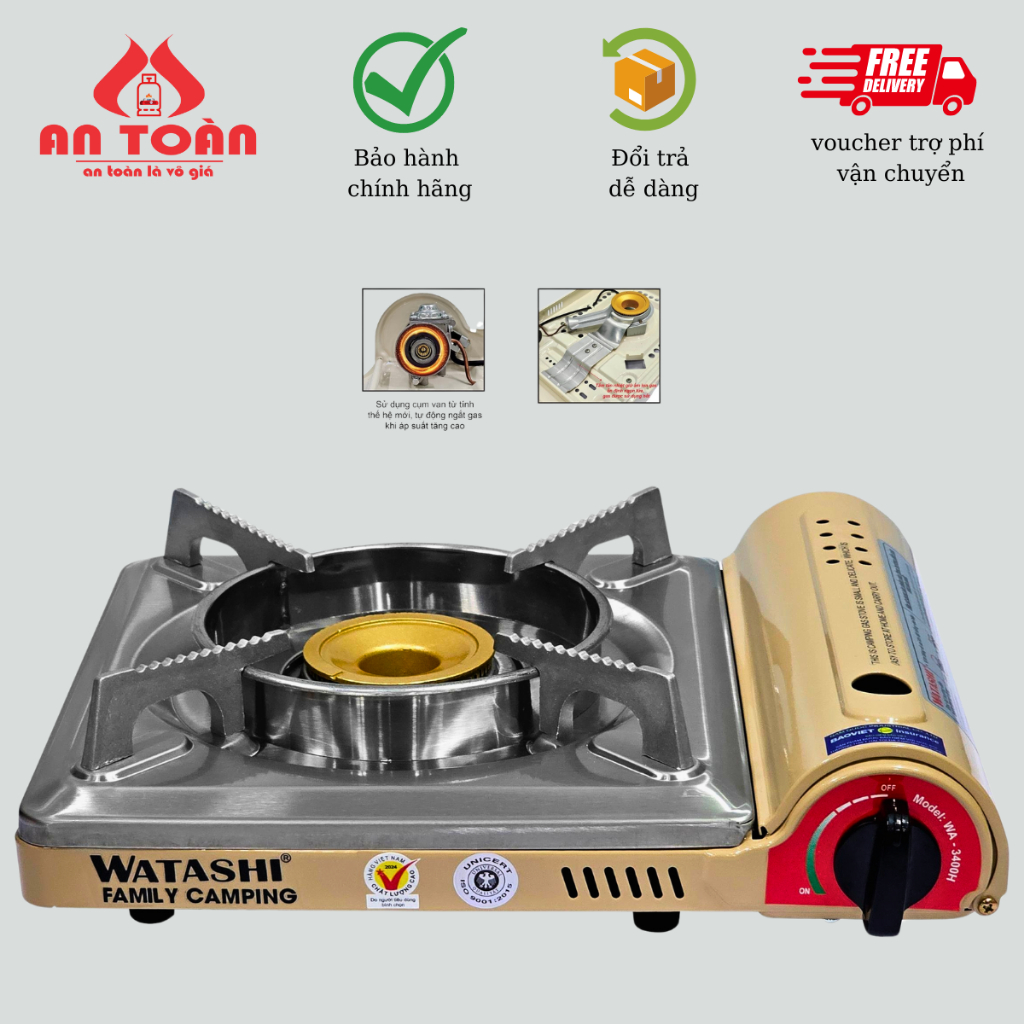 Bếp gas du lịch Watashi WA-3400H cao cấp sử dụng cụm van từ tính thế hệ mới tự động ngắt gas