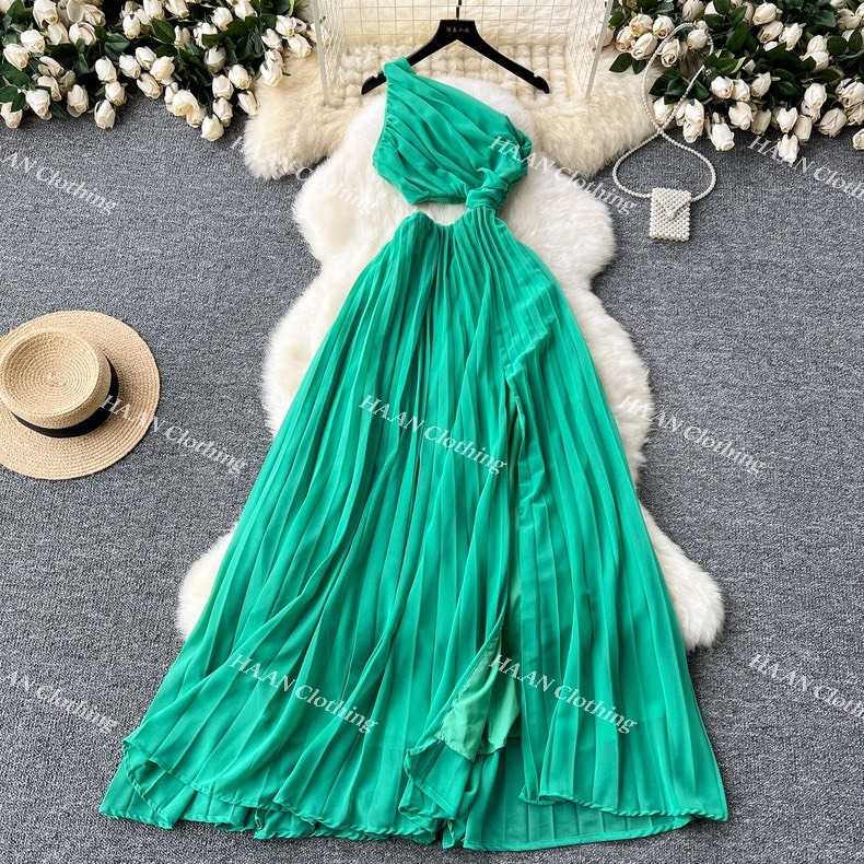 Đầm maxi Quảng Châu váy voan xếp ly lệch vai khoét hở eo màu xanh siêu xinh