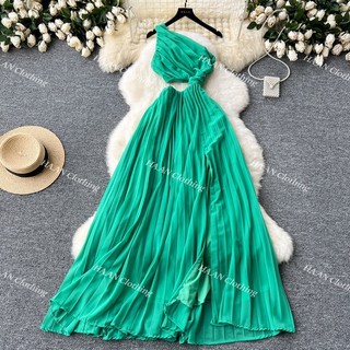 HA5084 [Order] Đầm maxi Quảng Châu váy voan xếp ly lệch vai khoét hở eo màu xanh siêu xinh