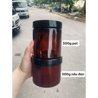 Hủ nhựa PET thân nâu nắp đen.