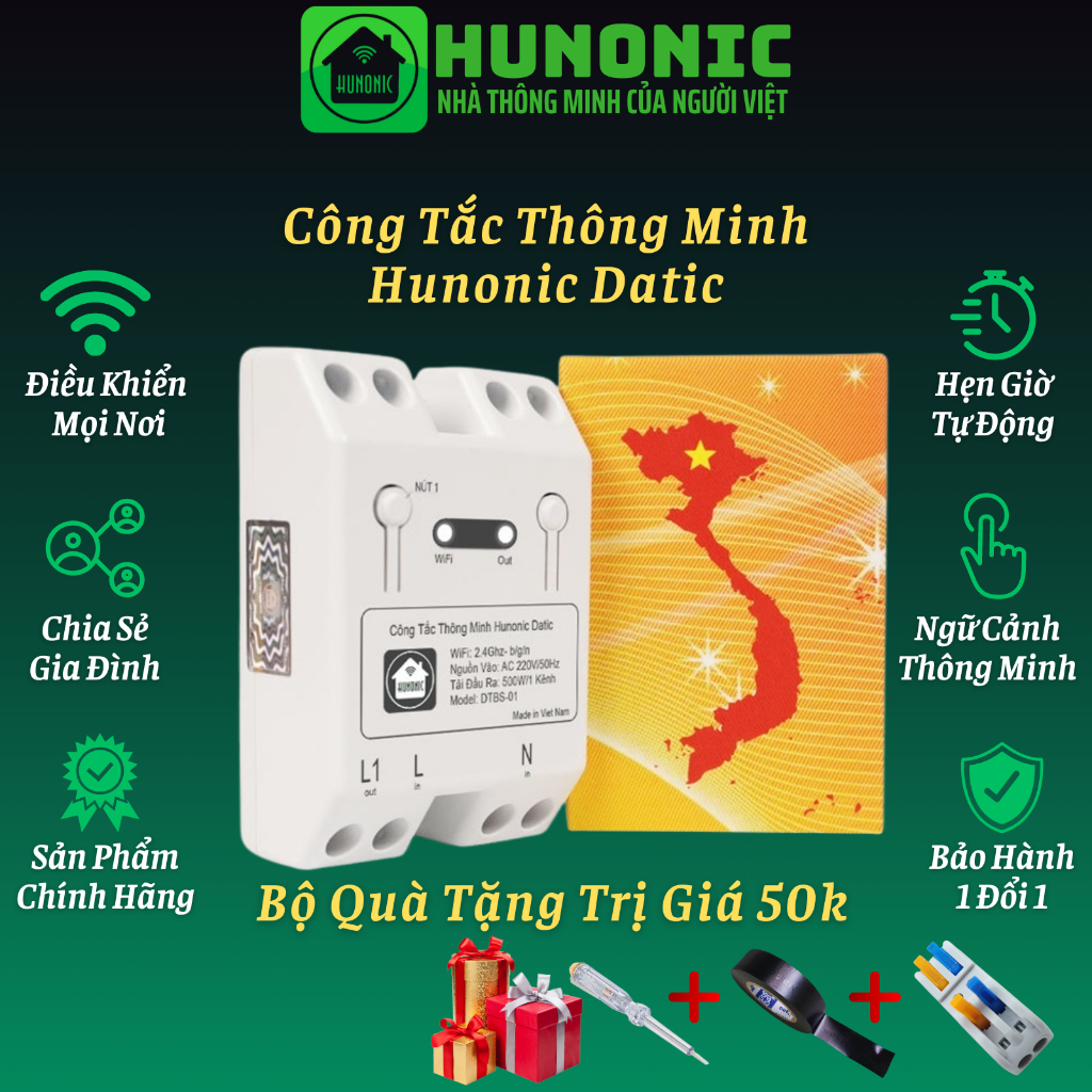 Công tắc thông minh Wi-Fi hunonic datic hình chữ nhật cảm ứng 1-2-3-4 nút điều khiển qua app + giọng nói bảo hành 1 năm