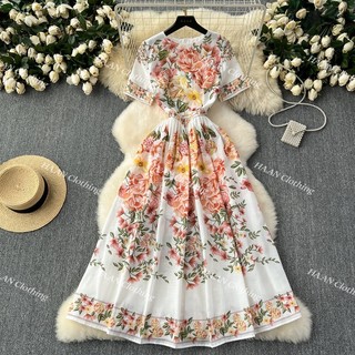 HA5094 [Sẵn một số size] Đầm Quảng Châu váy hoa dáng xòe tay ngắn cổ tròn họa tiết phong cách retro siêu xinh đủ size