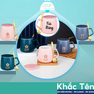 Cốc sứ KᕼẮᑕ TÊᑎ 𝘁𝗵𝗲𝗼 𝘆𝗲̂𝘂 𝗰𝗮̂̀𝘂 in hình SAKURA hoa anh đào 380ml, ly sứ uống nước có nắp KHẮC TÊN theo yêu cầu