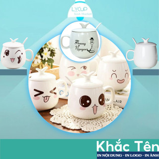 [Có Nắp & Thìa] Cốc sứ in hình Emoji KHẮC TÊN theo yêu cầu, Ly sứ quà tặng người yêu, sinh nhật