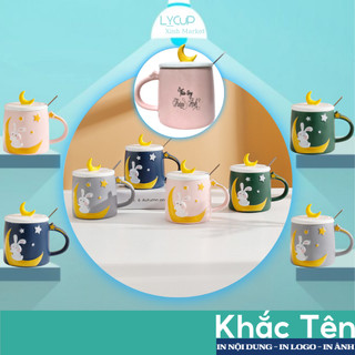 Cốc sứ KHẮC TÊN theo yêu cầu in hình THỎ ÔM TRĂNG, Ly sứ uống nước SET QUÀ TẶNG người yêu, bạn thân, sinh nhật