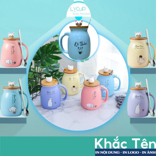 Cốc sứ KHẮC TÊN theo yêu cầu in hình LAZY CAT mèo lười, Ly sứ uống nước SET QUÀ TẶNG người yêu, bạn thân, sinh nhật