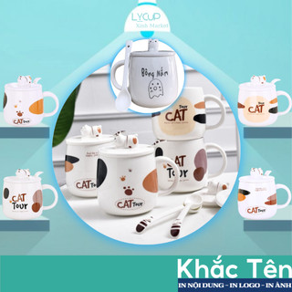 Cốc sứ KHẮC TÊN theo yêu cầu in hình chú mèo CAT TOUR, Ly sứ uống nước SET QUÀ TẶNG người yêu, bạn thân, sinh nhật