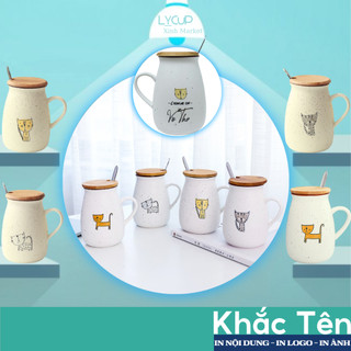 Cốc sứ KHẮC TÊN theo yêu cầu in hình CARTOON mèo sáng tạo, Ly sứ uống nước SET QUÀ TẶNG người yêu, bạn thân, sinh nhật