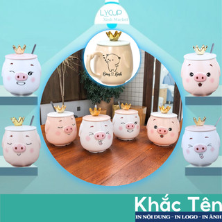 Cốc sứ KHẮC TÊN theo yêu cầu in hình PIGLET heo vương miện, Ly sứ uống nước SET QUÀ TẶNG người yêu, bạn thân, sinh nhật