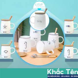 Cốc sứ KHẮC TÊN theo yêu cầu in hình SEA LIFE biển xanh, Ly sứ uống nước SET QUÀ TẶNG người yêu, bạn thân, sinh nhật