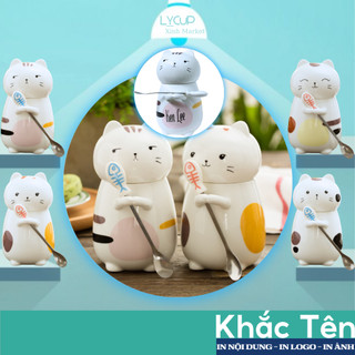 Cốc sứ in hình Mèo Thần Tài KHẮC TÊN theo yêu cầu, SET QUÀ TẶNG ly sứ tặng người yêu, sinh nhật