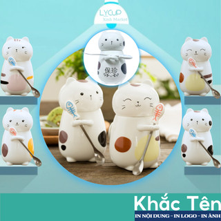 Ly sứ KHẮC TÊN theo yêu cầu in hình LUCKY CAT mèo thần tài, Cốc sứ uống nước SET QUÀ TẶNG người yêu, bạn thân, sinh nhật
