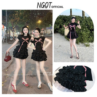 Sét Áo Nơ Ngực Chân Váy Bèo Tầng NGỌT OFFICIAL, Áo Thun Nơ Dáng Ôm Phối Chân Váy Tầng Siêu Hot