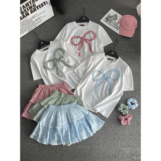 set áo nơ kèm chân váy kẻ 6845