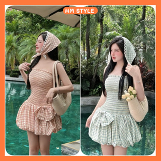 Sét váy 4 món váy quây bo chun dáng Bí có quần trong tặng kèm khăn Turban và Nơ, set bộ đồ nữ đi biển đi du lịch HB537