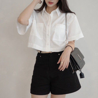 [HÀNG CÓ SẴN] Áo sơ mi CROPTOP dáng lửng màu trắng phong cách hiện đại