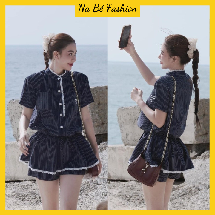 (Có ảnh thật) Jumpsuit nữ váy kẻ cổ tàu phối viền ren cúc đồng đính nơ ngực chun eo phong cách tiểu thư thanh lịch | BigBuy360 - bigbuy360.vn