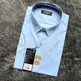 OWEN - Áo sơ mi ngắn tay Owen vạt ngang 240052 chất sợi tre màu xanh nhạt in vệt xanh