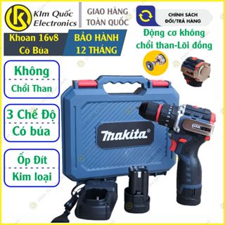 Máy Khoan Pin Makita 16,8V không Chổi Than - 3 chức năng có búa - Đầu Kẹp sắt 10mm - Bộ 2pin sạc