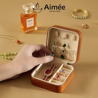 Hộp đựng trang sức mini Aimée vải nhung, da PU có khoá kéo hình vuông, tròn 10x10x5cm