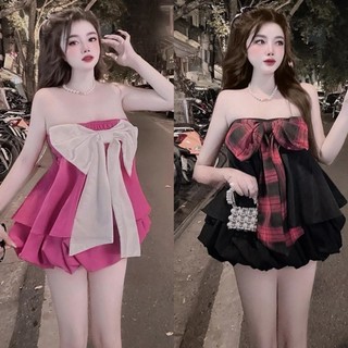 Set áo cúp ngực đính nơ kèm quần short dáng phồng