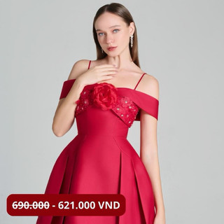 Đầm tafta ngắn xoè trễ vai đính hoa c.o.s.h.e - kèm ảnh thật sp