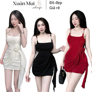 Đầm ôm body nữ form ngắn 2 dây khoen vàng tua rua đính hoasexy y2k dự tiệc đi chơi đen đỏ trắng xuanmaishop12