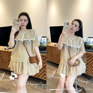 [S2.821] Set Bộ Kẻ Cổ Viền Ren Mix Chân Váy Xoè Có Lót Quần