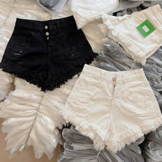 Quần short Jean kaki tua rua đen trắng đủ size S M L, Quần short jean nữ lung cao rách đùi phối nút