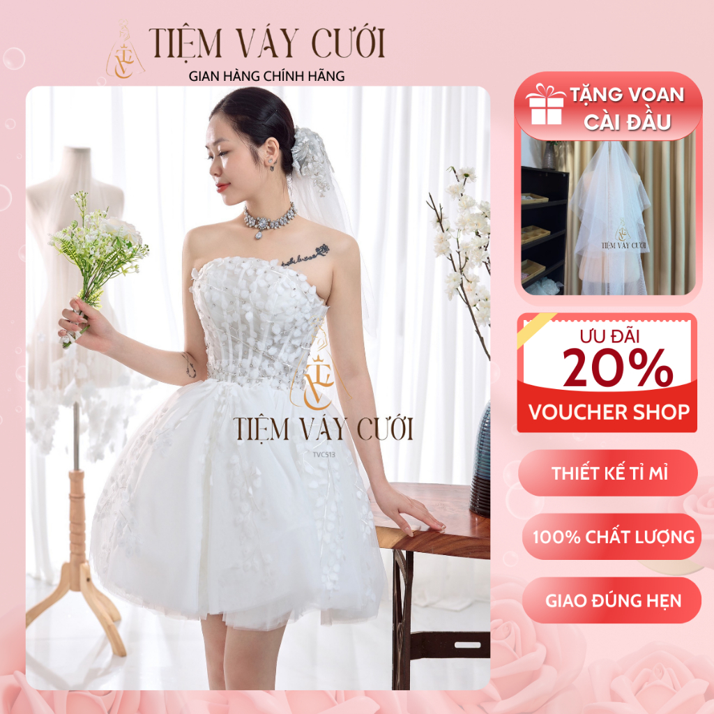 [Tặng Voan + Mút Ngực] Váy Cưới Đi Bàn, Đầm Cưới Ngắn, Cúp Ngực, Hoa 3D, TVC513
