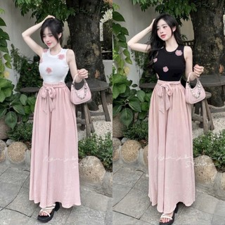  Sét bộ áo tăm lạnh 2 màu co giãn cổ tròn sang chảnh đính bông dễ thương mix quần dài ống rộng tôn dáng đi chơi