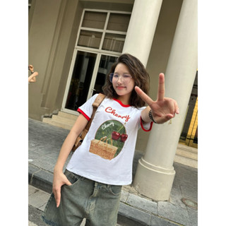 Áo thun nữ baby tee viền đỏ “Cherry” 100% cotton 2 chiều | Kraken drk | Freeship