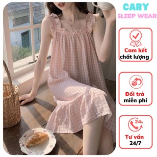 Đầm caro kẻ sọc hai dây bản to đầm suông caro phối bèo phong cách kiểu xinh CARY