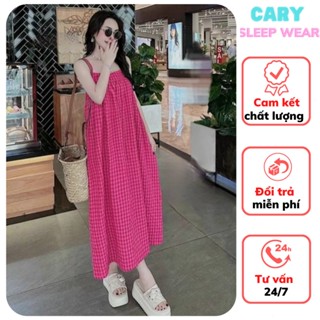 Váy ngủ 2 dây kẻ caro dáng suông in hoạt tiết hoạt hình dễ thương CARY