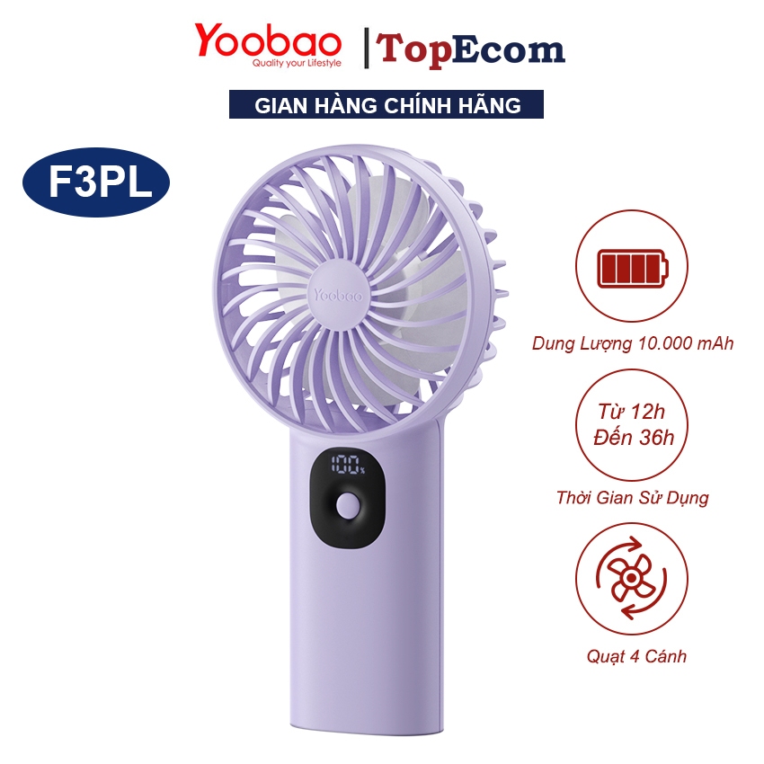 Quạt Tích Điện Cầm Tay Yoobao F3PL Pin 10000mAh, Có Màn Hình LED Hiển Thị Pin, Sử Dụng Đến 36 Giờ