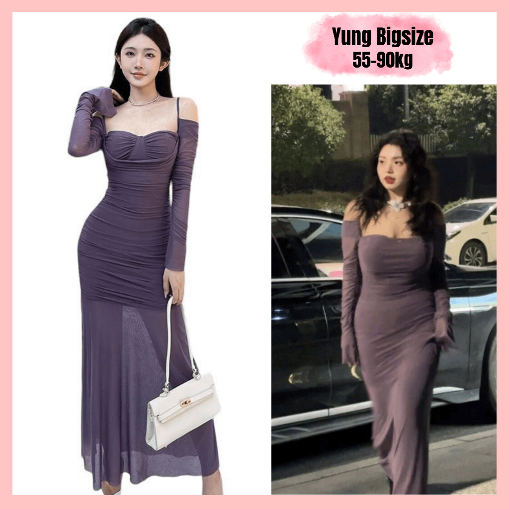 Đầm Bigsize body, Đầm ôm bigsize sexy hở vai dáng dài tím sang chảnh 55-90kg Yung bigsize