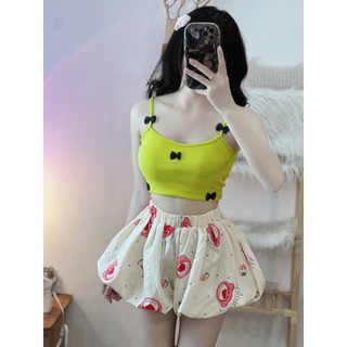 Áo 2 dâu croptop đính nơ xinh 5 góc cute ảnh thật