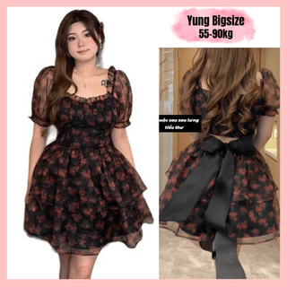 Đầm váy nữ Bigsize dự tiệc dáng xòe hoa nhí buộc nơ eo 55-80kg Yung bigsize