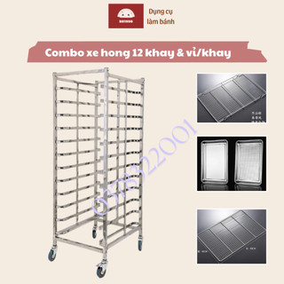 Combo xe đẩy hong bánh 12 khay + vỉ hong bánh bao chất liệu inox 201 không gỉ