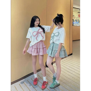 Set áo phông nơ mix chân váy kẻ tầng 3 màu new