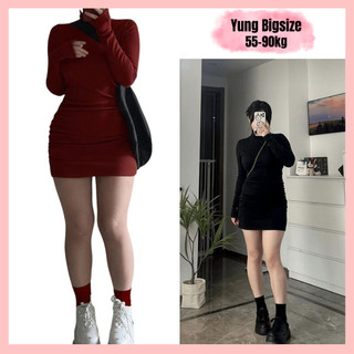 Đầm body bigsize, đầm ôm bigsze sexy dáng ngắn cổ lọ tay dài 55-90kg Yung Bigsize