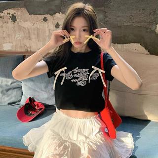 Áo croptop baby love phối nơ peonyb - Thun kiểu cộc tay dáng ngắn baby tee bánh bèo hotgirl hàn quốc đẹp