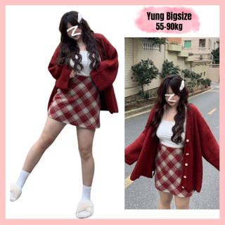 Set bigsize, set len bigsize áo khoác cadigan len kèm chân váy chữ A kẻ đỏ 55-90kg Yung bigsize